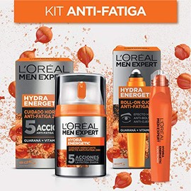 L'Oréal Paris Men Expert Kit Hydra Energetic Crema para Hombre y Roll-on Anti Ojeras con Extracto de Vitamina C y Guarana