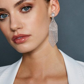 BriLove Women's Wedding Bridal Long Fringe Tassel Earring Rhinestone Crystal Beaded Chandelier Statement Dangle Earrings Clear Silver Tone