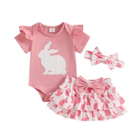 DNOMAID YZARC My First Easter Baby Girl Outfit Bunny Ruffle Short Sleeve Romper Layered Tutu Skirt Headband 3Pcs Clothes Set (Pink Bunny, 3-6 Months)