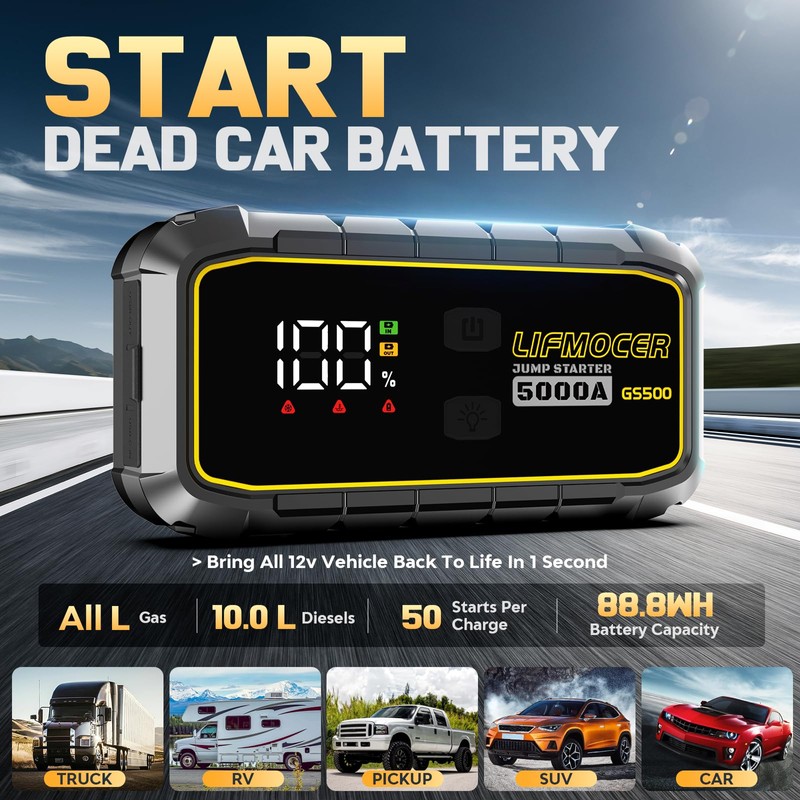 LIFMOCER GS500 Car Jump Starter - 5000A Car Battery Jump
