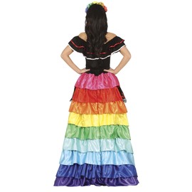 FIESTAS GUIRCA Day of the Dead - Long Dress with Ruffles in Rainbow Colors Fancy Dress Costume Adult Woman Size L 14-16