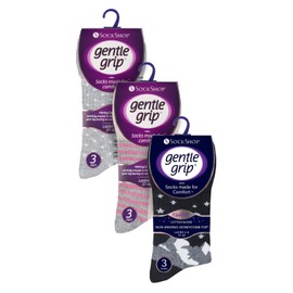 Gentle Grip 9 Pair Multipack Ladies Cotton Crew Non Elastic Socks Womens Soft Top Striped Patterned Non Binding Socks (4-8, Grey Mix)