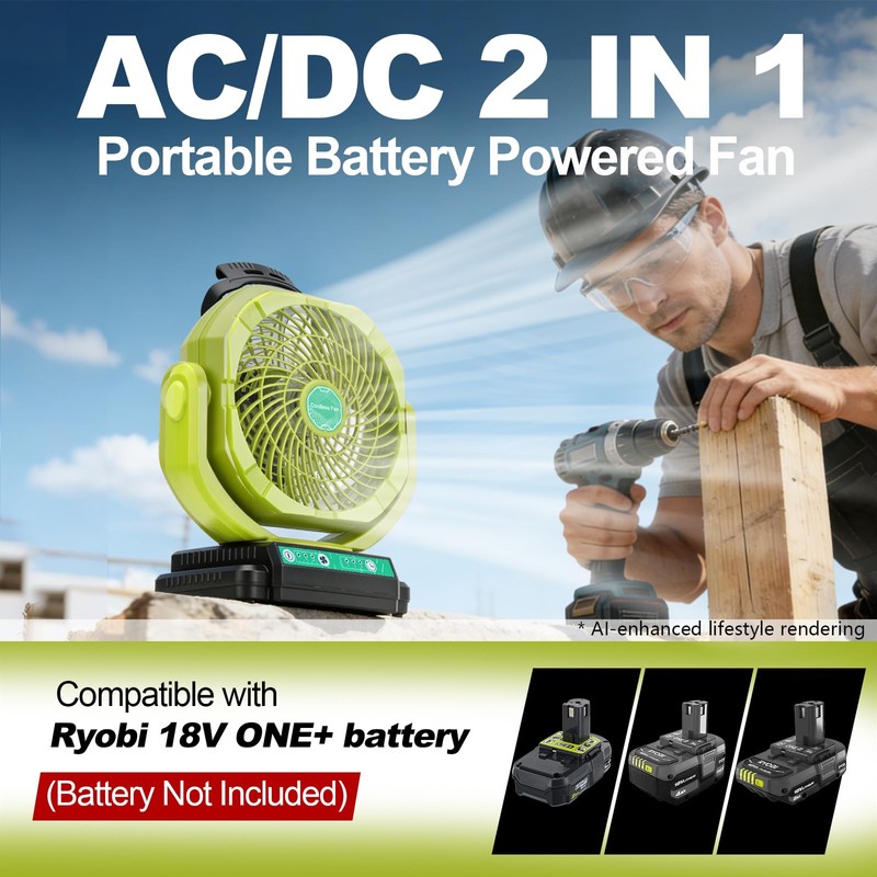 Battery Powered Fan Compatible with Ryobi 18V Battery Portable Cordless