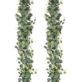 Pack of 2 Eucalyptus Garland, 1.8 m Eucalyptus Decoration with White Flower, Artificial Hanging Plants, Artificial Garland Plant, Hanging Green Leaves Decoration for Table Decoration, Wedding