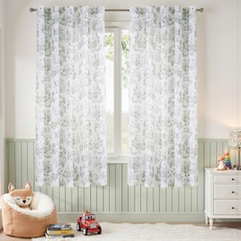 jinchan Linen Nursery Curtains 72 inch Long Woodland Wildlife Sage Green Print Drapes for Kid's Room Light Filtering French Country Farmhouse Curtains with Bunny and Forest Design Set of 2 Panels