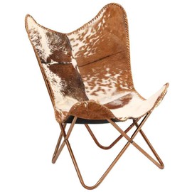 Shy Shy Let’s Touch The Sky Home Decor Genuine Goat Leather Butterfly Arm Chair with Black/Brown White Hair on Cowhide Accent Chair (White and Brown with Rose Gold)