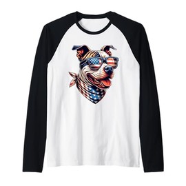 4th Of July Pitbull Dog American Flag Sunglasses Men Women Raglan Baseball Tee