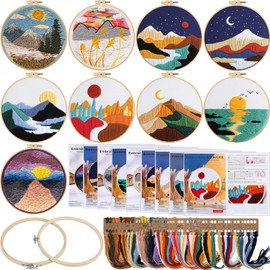 Daifunli 9 Pack Embroidery Kits for Beginners Adults, Stamped Cross Stitch Starters Kits for Adults with 3 Embroidery Hoops and Fabric, Needles Threads, Instruction and Video, Hand Embroidery Kit