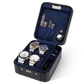 KAMIER Caja de reloj con cerradura de combinación, 4 organizador de relojes, Estuche de reloj para guardar anillos y relojes, Estuche de viaje de cuer