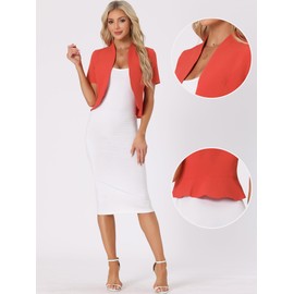 Allegra K Casual Business Cropped Blazer for Women's Short Sleeve Collarless Open Front Cardigan Work Jacket Shrug X-Small Red