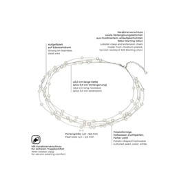 Valero Pearls 400311 Women's Necklace High-Quality Freshwater Cultured Pearls Approximately 4 mm Oval White 925 Sterling Silver 50 cm Pearl Necklace with Real Pearls Multilayer, Silver, Pearl