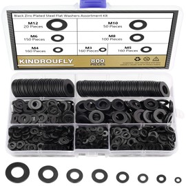 800 Pieces Black Zinc Plated Steel Flat Washers, Fender Washers, Kindroufly 7 Sizes Flat Washers, Lock Metal Washers Assortment Kit (M3 M4 M5 M6 M8 M10 M12)