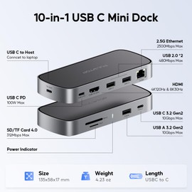 PULWTOP - Estación de acoplamiento para portátil, 9 en 1 USB C Mini Dock con 4K@120Hz/8K@30Hz HDMI, 2.5G LAN, 100W PD, USB A/C Gen2 10Gbps, SD/TF 4.0, estación de acoplamiento USB C compatible con