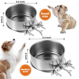 2 Pack No Spill Hanging Cage Food Bowls, Stainless Steel Dog Crate Water Bowl, Mountable Small&Medium Feeding Dish Wall Mounted Attachable Crates Pet Feeder for Dogs, Cats, Rabbits and Birds