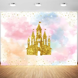 5x3ft Princess Castle Backdrop for Girls Birthday Watercolor Pastel Rainbow Gold Castle Photography Background Birthday Baby Shower Party Banner Decorations Supplies Photo Booth Props