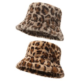 JSTHHTT 2PCS Winter Warm Furry Bucket Hat, Women Fluffy Fisherman Hat, Women's Leopard Print Faux Fur Bucket Hat, Winter Warmer Plush Fisherman Cap, or Women Girls and Couples Brown