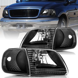 Aosky Headlight Assembly Compatible with Corner Lights 4pcs for 1997-2003 F150 / 2004 F150 Heritage / 1997-2002 Expedition / 1997-1999 F250 Headlamp,Black Housing with Clear Reflector