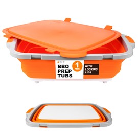 Drip EZ Collapsible BBQ Prep Tub (V2) - For Meal Prep Marinating Food Storage - Includes Cutting Board & Locking Lid - (1) XL - Orange