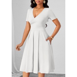 MarryUP Women's Summer Short Sleeve Casual Dresses Pleated V-Neck Party Dress with Pockets Vacation Beach Dress White XL