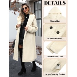 HEEKPEK Women Winter Fuzzy Fleece Lapel Coats Long Cardigan Fluffy Hooded Jackets Faux Fur Warm Overcoats with Pockets Button