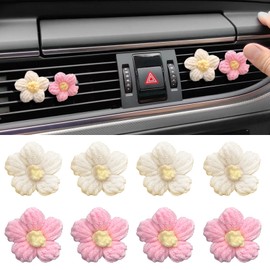 Crochet Daisy Flower Car Vent Clips, 8 PCS Car Flower Vent Air Freshener Clips, Car Interior Charm Pink Cute Car Accessories for Women Girls