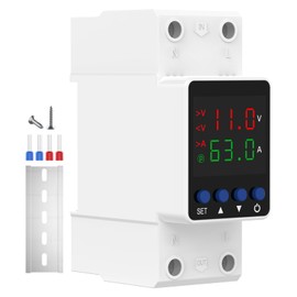 Adjustable Voltage Protector 110V, Over/Under Voltage Cutoff and Overcurrent Protection Relay, Auto Reset 1-63A Smart Circuit Breaker, DIN Rail Mount for Home & Industrial Electrical Circuits