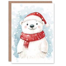 Artery8 Cute Polar Bear With Santa Hat and Scarf For Child Kids Xmas Festive Christmas Card