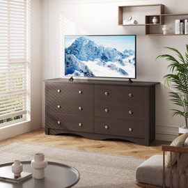Furmax 6 Wood Drawers Dresser for Bedroom, Double Dresser for TV up to 65 inch, TV Stand Storage Chest of Drawers for Living Room Hallway Entryway (Brown)
