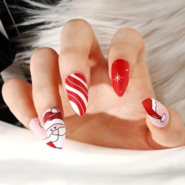 Christmas Almond Press on Nails Medium Red Santa Claus Fake Nails with Snowflake Design Winter False Nails Acrylic Nails Full Cover Glue on Nails Stick on Nails for Women and Girls