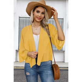 Womens Cover Up Bolero Shrug for Dress 3/4 Sleeve Floral Print Fall Chiffon Shawls(B-Yellow,L)