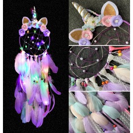 SoulQool Unicorn Dream Catcher with Lights,Colorful Feather Handmade Dream Catchers Flowers for Bedroom Wall Hanging Decor (Purple with colorful lights)