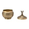 Round Hammered Metal Container with Rabbit Finial, Brass Finish