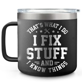 Pandzee Engraved 14oz Coffee Tumbler Funny Gifts For Men - Fathers Day & Birthday Gifts For Dad, Papa, Grandpa, Mechanic Father - Gifts For Coworker, Boss - That's What I Do I Fix Stuff - Boss Gifts