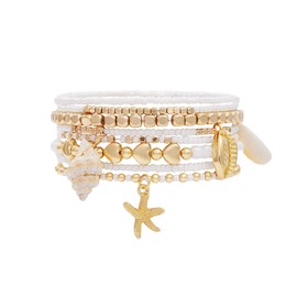 LALAPPLE Shell Bracelet Boho Beaded Stretch Bracelets for Women Seashell Starfish Strand Charm Bracelets Set Summer Beach Bracelets Stackable Gold Crystal Beads Bracelet for Women