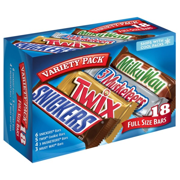 MARS SNICKERS, TWIX, MILKY WAY & 3 MUSKETEERS Individually Wrapped Variety Pack Full Size Milk Chocolate Candy Bars Bulk Assortment, 33.31 oz, 18 Bars