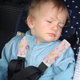 2 fundas para el cuello del asiento de coche de bebé para niños, cojín de cinturón de seguridad para niños, diseño de dibujos animados, cómodo y suave, funda para cinturón de seguridad de coche, soporte para el cuello de viaje (unicornio rosa)