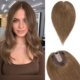 TESS Hair Topper Real Hair Brown, 10 x 12 cm Base Toupee Women's #6 Medium Brown Hair Topper Real Hair 35 g 25 cm Hair Topper Clip in Hairpiece Extensions