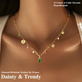 Sundurich Gold Birthstone Charm Necklaces for Women,14K Gold Plated Dainty Emerald Red Blue Green Diamond Birthstone Necklace 12 Month Birthstone Jewelry Birthday Gifts for Women 5