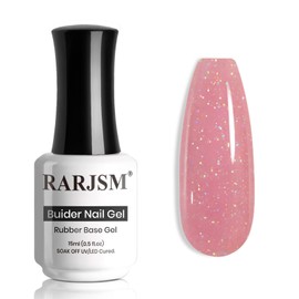 RARJSM Nude Glitter Rubber Base Gel Nail Polish Rose Pink Sparkle Rainbow Iridescent Sheer Rubber Base Gel for Nails Brush on Extend Builder Hard Gel Curing Requires 15ml Home Salon French Manicure