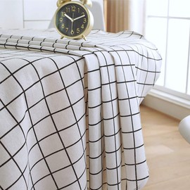 Hodeacc Plaid Tablecloth, Cotton Linen Tablecloth, White/Black Plaid Non-fading, Dustproof, Washable Tablecloth for Kitchen Dining Room Party Wedding 140 x 220 cm