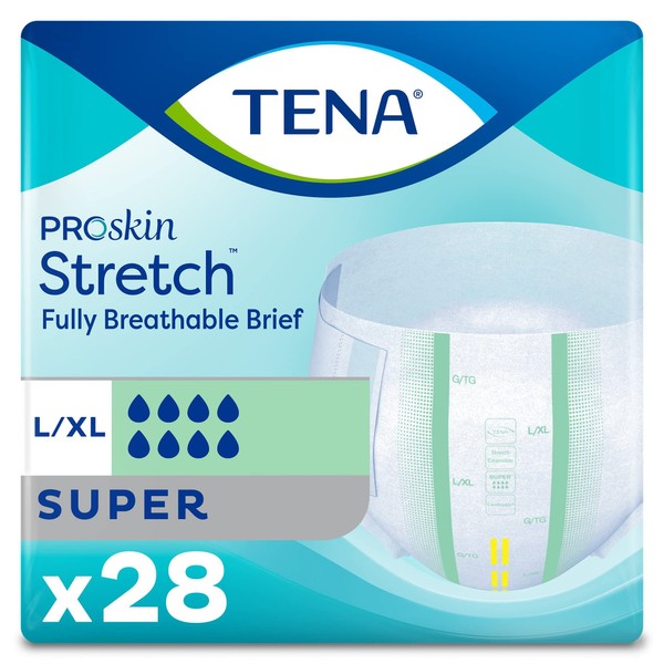 TENA Stretch Super Briefs, Incontinence, Disposable, Heavy Absorbency, Large/XL, 28 Count, 2 Packs, 56 Total