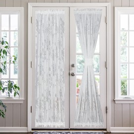 RLoncomix White French Door Curtain Flower Butterflies Knitted Textured Curtains 72 Inch Long Semi Sheer Leaves Sidelight Curtain Panel for Glass Door Patio Front Door Tieback Included, 2 Pack