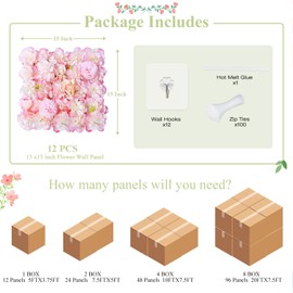 FUHSY Pink Flower Wall Backdrop Artificial Floral Wall Backdrops 3D Flowers Wall Panels 12 PCS 15X15 Inch Silk Rose Wedding Backdrop Photography Wall Background for Anniversary Birthday Stage Decor