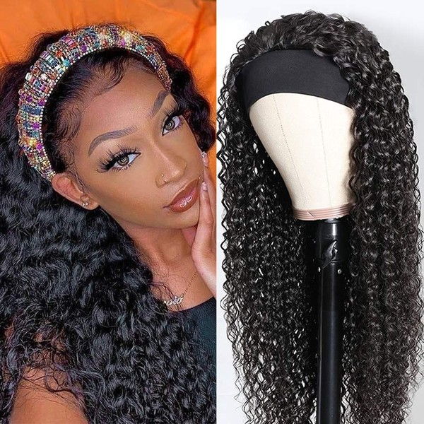 CYNOSURE Curly Headband Wig Human Hair Wigs for Black Women 9a Glueless None Lace Front Wigs Human Hair No Need Pre Plucked Natural Black Color Brazilian Hair Curly Wig(20, Headband Wig Curly