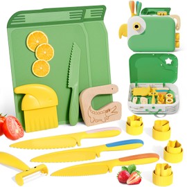 Lullulii Montessori Kitchen Tools for Toddlers,Kids Knife for Real Cooking,Toddlers Knife Set with Storage Box Kids Safe Knives Children Cutting Set for Girl Boy,Montessori Toys for Kitchen Set -Green