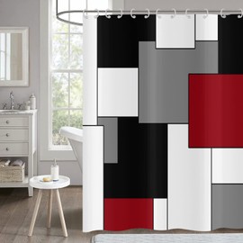 Hnmdmyi Shower Curtain, Red, 180 x 200 cm, Grey, Black and White Shower Curtains, Modern Geometric Decorative Bath Curtain, Waterproof Polyester Fabric, Washable Bath Curtain for Bathroom with Hooks