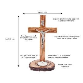 Olive Wood Standing Crucifix Cross (8 Inch), Wood Table Alter Cross with ‘Candle Holder Base’