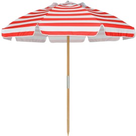 AMMSUN 7.5ft Heavy Duty HIGH Wind Beach Umbrella Commercial Grade Patio Beach Umbrella with Air Vent Ash Wood Pole & Carry Bag UPF50+ Protection Red White