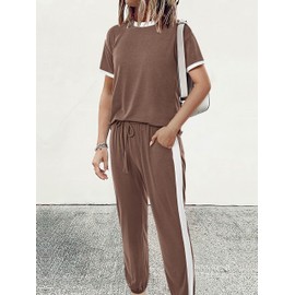 MASCOMODA Two Piece Sets for Women Summer 2024 Loungewear Jogger Set Short Sleeve Tops Long Pants Casual Tracksuit Set(Khaki,X-Large)