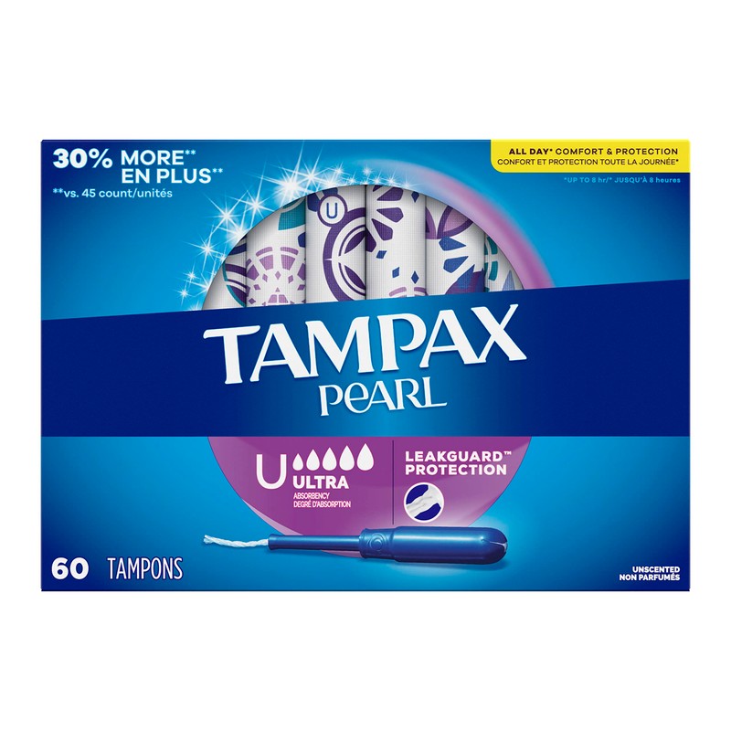 Tampax Pearl Tampons, with LeakGuard Braid, Ultra Absorbency, Unscented, 60